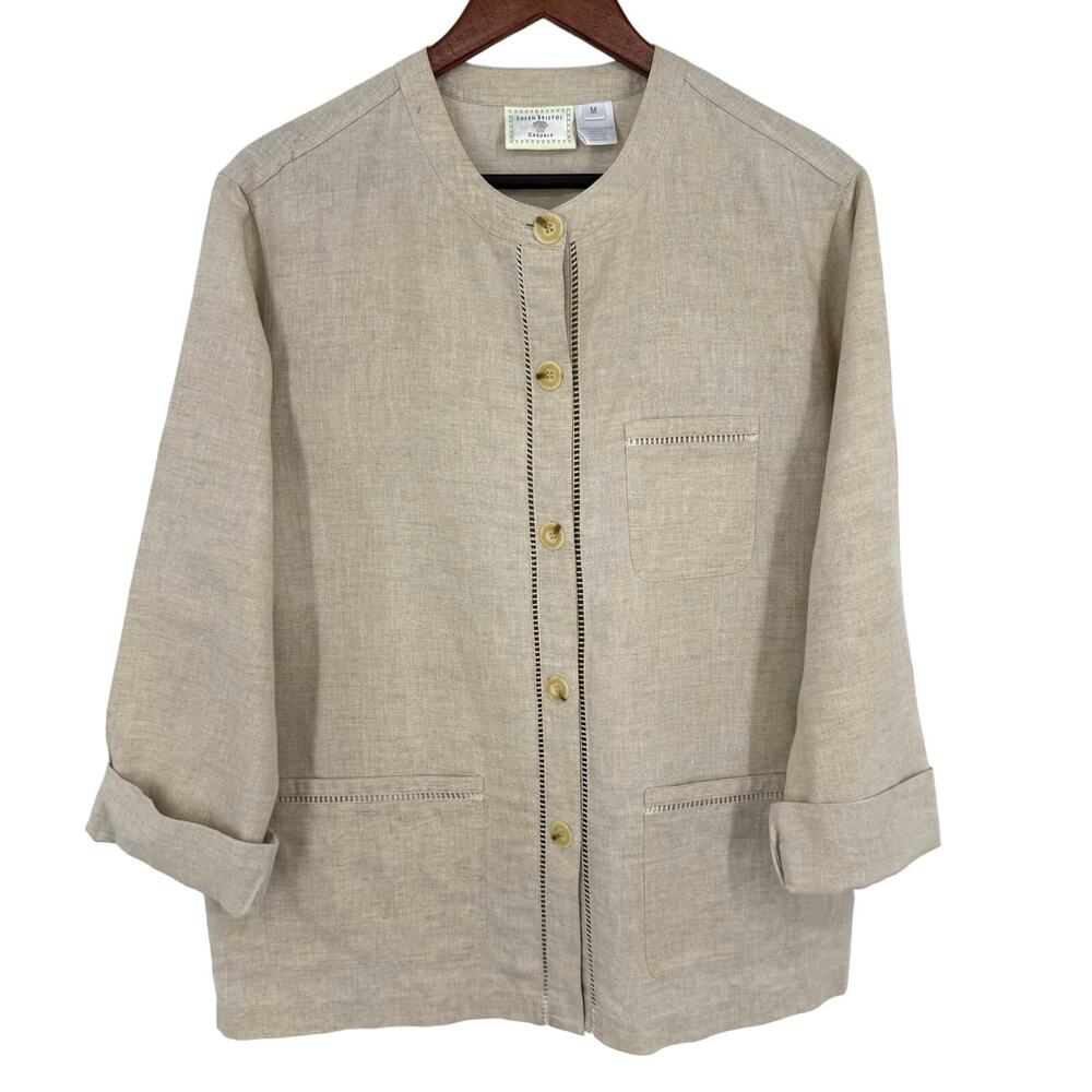 Susan Bristol Casuals Sz Medium LINEN BLEND Beige Blouse Shirt Top Tropical